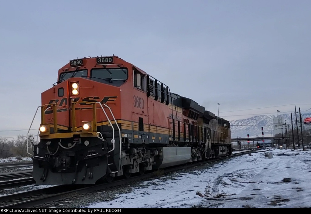 BNSF 3680 A ET44C4 Locomotive Up Close as She Heads east on Main 1 at The UP Ogden Yard. 